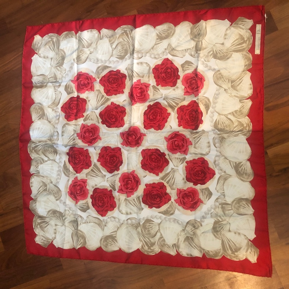 RARE Vintage Dior Rose & Seashell Silk Scarf